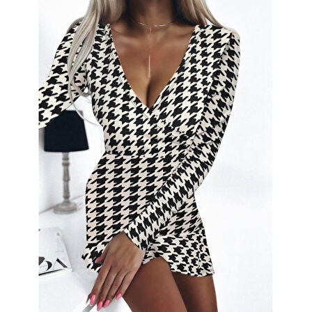 Lucky Life Kadın Uzun Kollu Kruvaze Yaka Kazayağı Mikro Mini Boy Elbise