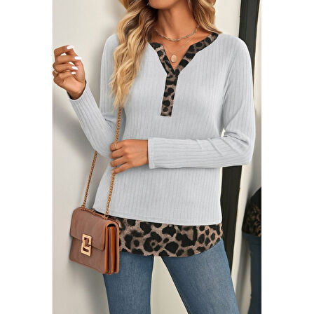 Lucky Life Kadın Uzun Kollu Yakadan Düğmeli Leopar Detaylı Kaşkorse Bluz