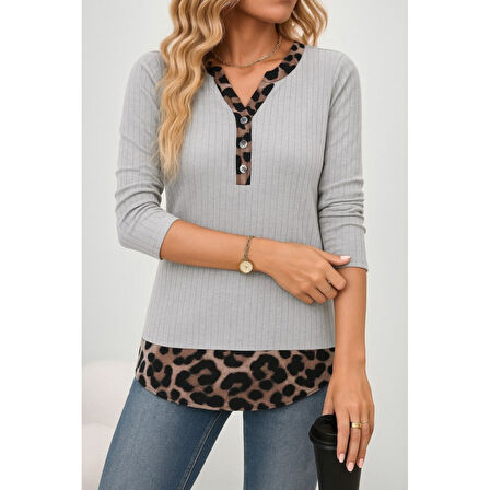 Lucky Life Kadın Uzun Kollu Yakadan Düğmeli Leopar Detaylı Kaşkorse Bluz