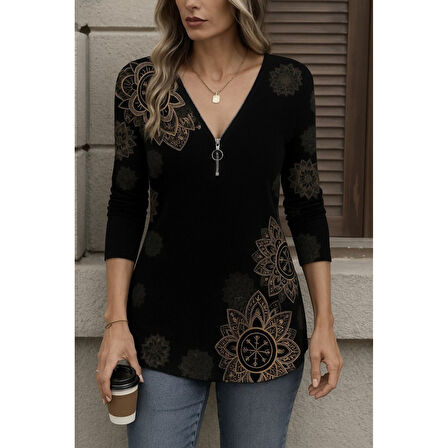 Lucky Life Kadın Uzun Kollu önden Fermuarlı Desenli Süprem Bluz