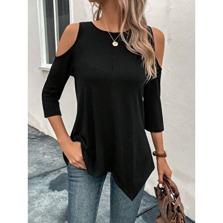 Lucky Life Kadın Omuzlardan Açık Sıfır Yaka Asimetrik Kesim Detay Viskon Bluz