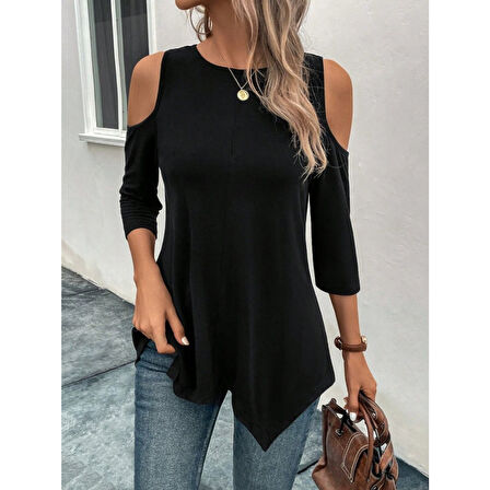 Lucky Life Kadın Omuzlardan Açık Sıfır Yaka Asimetrik Kesim Detay Viskon Bluz