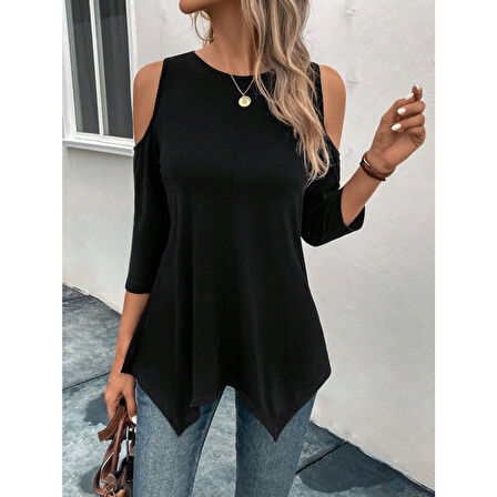 Lucky Life Kadın Omuzlardan Açık Sıfır Yaka Asimetrik Kesim Detay Viskon Bluz