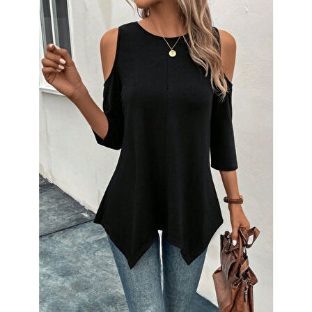 Lucky Life Kadın Omuzlardan Açık Sıfır Yaka Asimetrik Kesim Detay Viskon Bluz