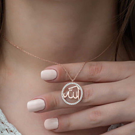 Gümüş Rose Arapça Allah Yazılı Kadın Kolye