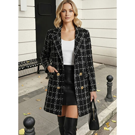 Lucky Life Kadın Uzun Kollu Yakalı önden Düğmeli Dokuma Ceket