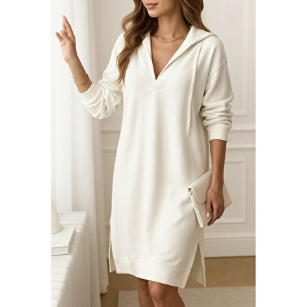 Lucky Life Kadın Uzun Kollu Kapüşonlu Yakası Açık Modal Elbise