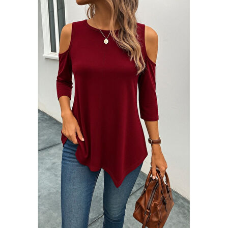 Lucky Life Kadın Omuzlardan Açık Sıfır Yaka Asimetrik Kesim Detay Viskon Bluz