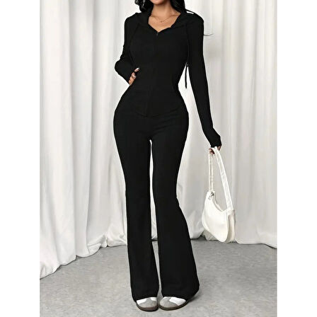 Lucky Life Kadın Uzun Kollu Kapşonlu Bağcıklı önü Fermuarlı Viskon Iki Iplik Bluz Ve Pantolon Ikili Takım