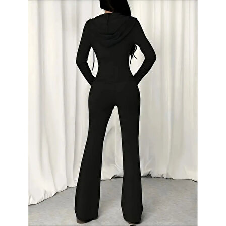 Lucky Life Kadın Uzun Kollu Kapşonlu Bağcıklı önü Fermuarlı Viskon Iki Iplik Bluz Ve Pantolon Ikili Takım