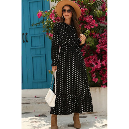 Lucky Life Kadın Uzun Kollu Yakası Bağcıklı Uzun Puantiyeli Krep Maxi Elbise