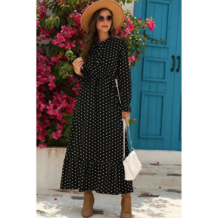 Lucky Life Kadın Uzun Kollu Yakası Bağcıklı Uzun Puantiyeli Krep Maxi Elbise