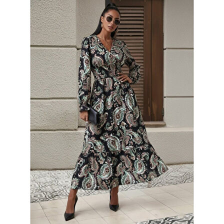 Lucky Life Kadın Uzun Kollu Kruvaze Yaka Beli Lastikli Uzun Desenli Maxi Elbise