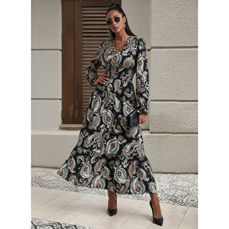 Lucky Life Kadın Uzun Kollu Kruvaze Yaka Beli Lastikli Uzun Desenli Maxi Elbise