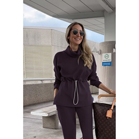 Lucky Life Kadın Uzun Kollu Balıkçı Yaka Belden Lastikli Modal Bluz Ve Pantolon Ikili Takım