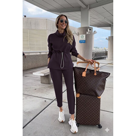 Lucky Life Kadın Uzun Kollu Balıkçı Yaka Belden Lastikli Modal Bluz Ve Pantolon Ikili Takım