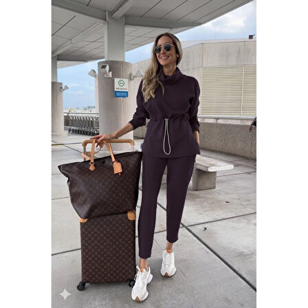 Lucky Life Kadın Uzun Kollu Balıkçı Yaka Belden Lastikli Modal Bluz Ve Pantolon Ikili Takım