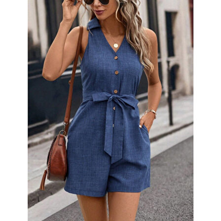 Lucky Life Kadın Sıfır Kollu Yakalı Düğmeli Belden Kuşaklı Kısa Keten Tulum