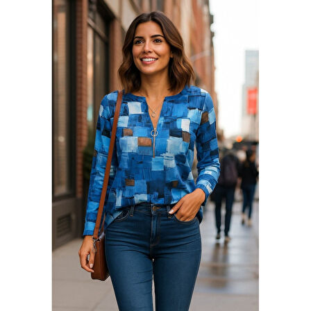 Lucky Life Lucky Life Kadın Uzun Kollu Yakadan Fermuarlı Kot Görünüm Desenli Uzun Modal Bluz