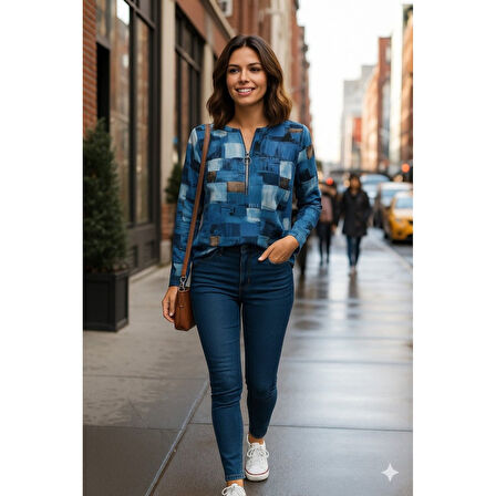 Lucky Life Lucky Life Kadın Uzun Kollu Yakadan Fermuarlı Kot Görünüm Desenli Uzun Modal Bluz