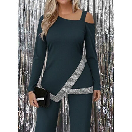 Lucky Life Kadın Tek Omuzdan Açık Uzun Kollu önü Pulpayet Ithal Krep Bluz Ve Pantolon