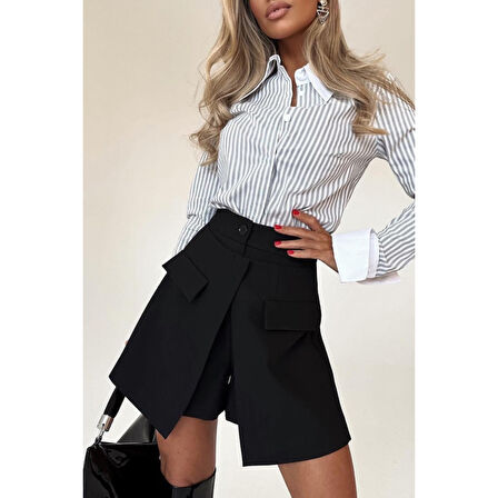 Lucky Life Kadın Yüksek Bel Düğmeli Asimetrik Kesim Cepli Kısa Ithal Krep şort Etek