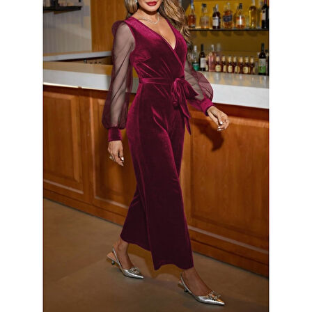 Lucky Life Kadın Uzun Kollu Kruvaze Yakalı Belden Kuşaklı Tül Detaylı Kadife Tulum