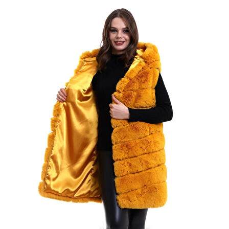 Lucky Life Kapşonlu Peluş Kürk Yelek Premium Kalite, Tam Astarlı, Uzun Model - Sarı