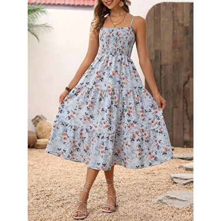 Lucky Life Kadın Ip Askılı Geniş V Yakalı Desenli Uzun Süprem Elbise