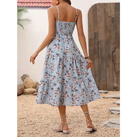 Lucky Life Kadın Ip Askılı Geniş V Yakalı Desenli Uzun Süprem Elbise