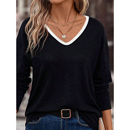 Lucky Life Kadın Uzun Kollu V Yakalı Viskon Iki Iplik Bluz