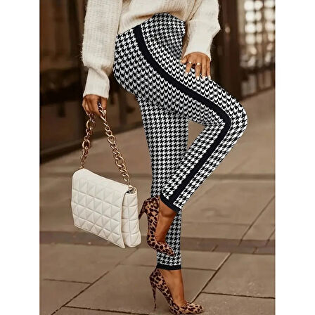 Lucky Life Kadın Yüksek Bel Kaz Ayağı Desenli Yanları şeritli Dalgıç Pantolon