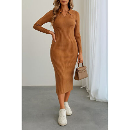 Lucky Life Kadın Uzun Kollu Yakalı Triko Elbise