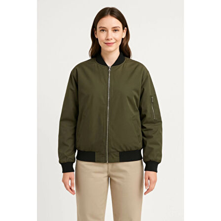 Içi Astarlı Fermuarlı Lucky Life Bomber Mont Ceket - Haki