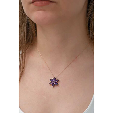 Gümüş Rose Mor Lotus Çiçeği Kolye