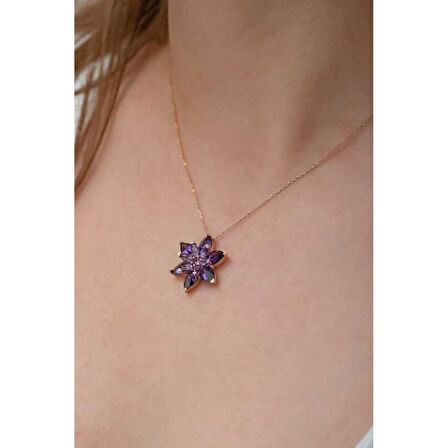 Gümüş Rose Mor Lotus Çiçeği Kolye