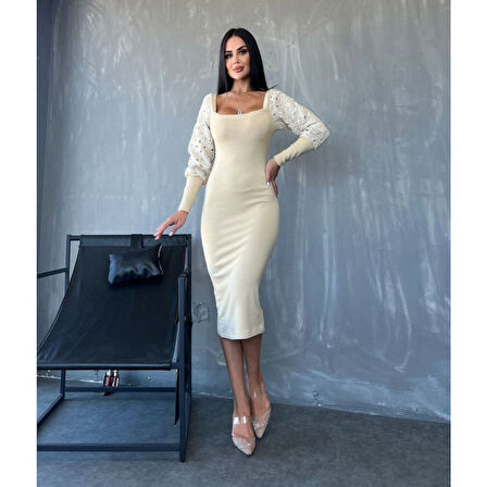 Lucky Life Kadın Kare Yaka Kolları Manşet Ve Tül Detay Fırsat ürün Midi Boy Elbise