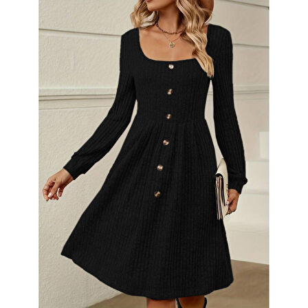 Lucky Life Kadın Uzun Kollu Kare Yaka Düğmeli Kısa şardonlu Iki Iplik Mini Elbise