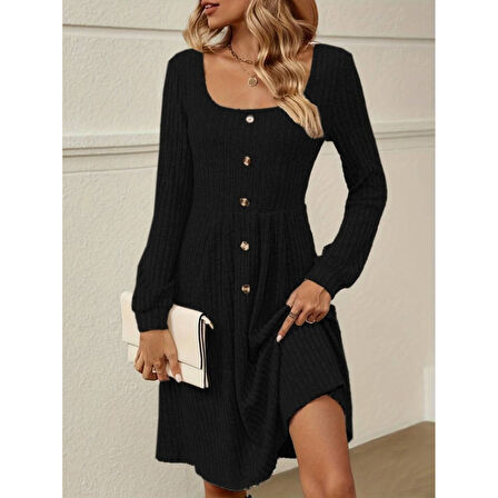 Lucky Life Kadın Uzun Kollu Kare Yaka Düğmeli Kısa şardonlu Iki Iplik Mini Elbise