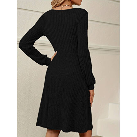 Lucky Life Kadın Uzun Kollu Kare Yaka Düğmeli Kısa şardonlu Iki Iplik Mini Elbise