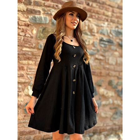 Lucky Life Kadın Uzun Kollu Kare Yaka Düğmeli Kısa şardonlu Iki Iplik Mini Elbise