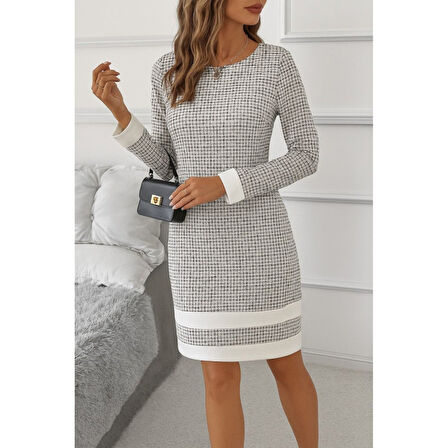 Lucky Life Lucky Life Kadın Uzun Kollu Yuvarlak Yaka Etek Ucu şerit Detaylı Mini Dokuma Elbise