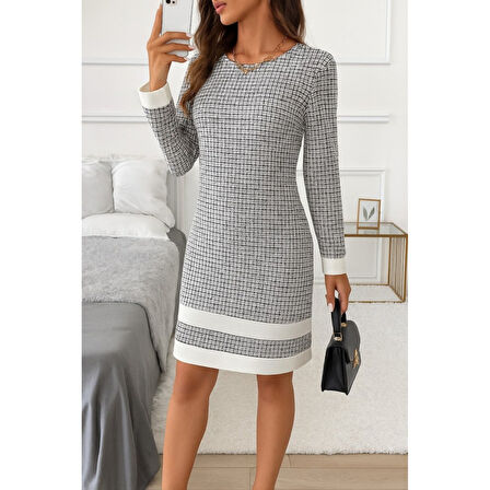 Lucky Life Lucky Life Kadın Uzun Kollu Yuvarlak Yaka Etek Ucu şerit Detaylı Mini Dokuma Elbise