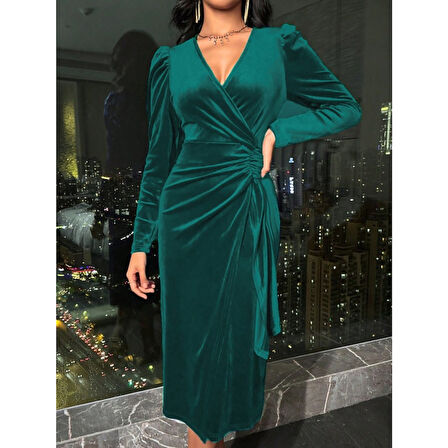 Lucky Life Kadın Uzun Kollu Kruvaze Yakalı Yandan Büzgülü Midi Kadife Elbise