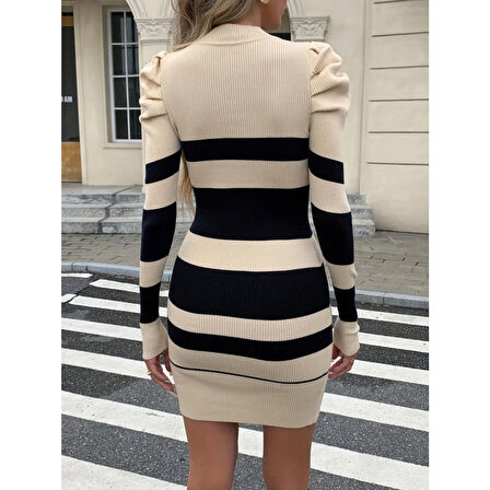 Lucky Life Kadın Uzun Kollu Yuvarlak Yaka Balon Omuz Kol Detaylı çok Renkli Mini Elbise