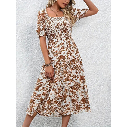 Lucky Life Kadın Kısa Kollu Kare Yakalı Lastikli Desenli Süprem Elbise