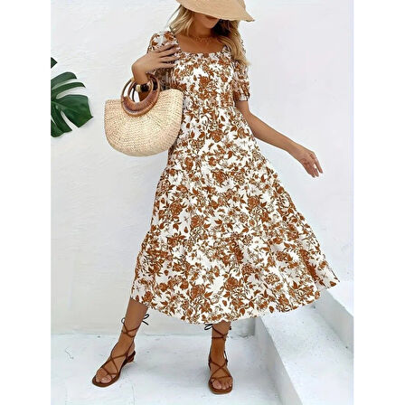 Lucky Life Kadın Kısa Kollu Kare Yakalı Lastikli Desenli Süprem Elbise