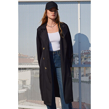 Lucky Life Kruvaze Yaka Trençkot - Siyah