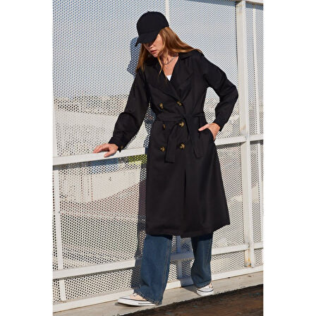 Lucky Life Kruvaze Yaka Trençkot - Siyah