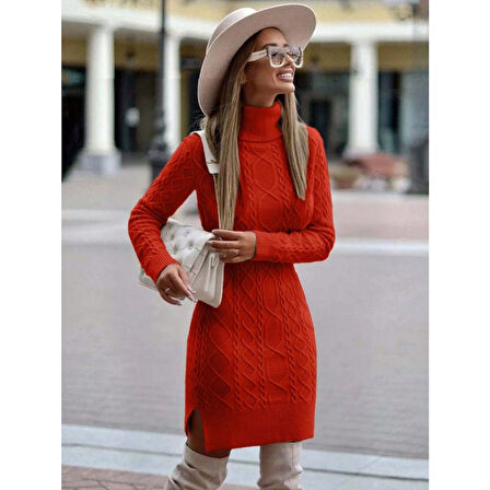 Lucky Life Kadın Uzun Kollu Loren Yünlü Motifli Midi Boy Triko Elbise